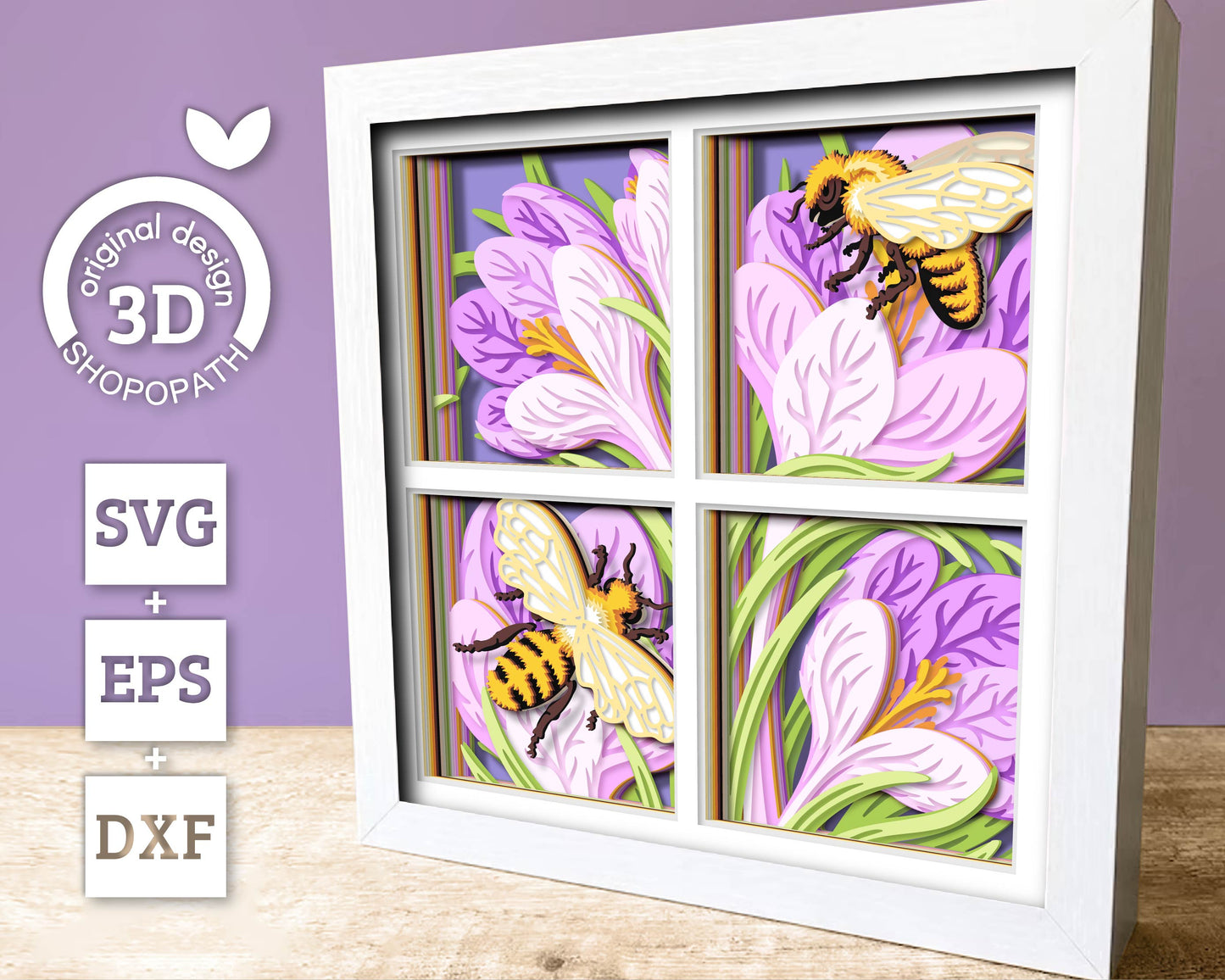 Crocus Flowers with Bees - 3D Shadow Box Layered SVG DXF EPS (Cutting Files)