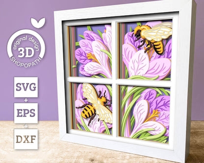Crocus Flowers with Bees - 3D Shadow Box Layered SVG DXF EPS (Cutting Files)