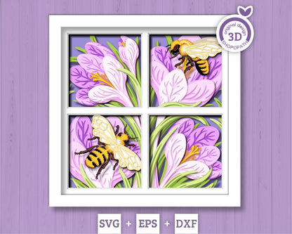 Crocus Flowers with Bees - 3D Shadow Box Layered SVG DXF EPS (Cutting Files)