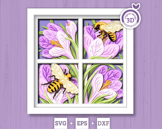 Crocus Flowers with Bees - 3D Shadow Box Layered SVG DXF EPS (Cutting Files)