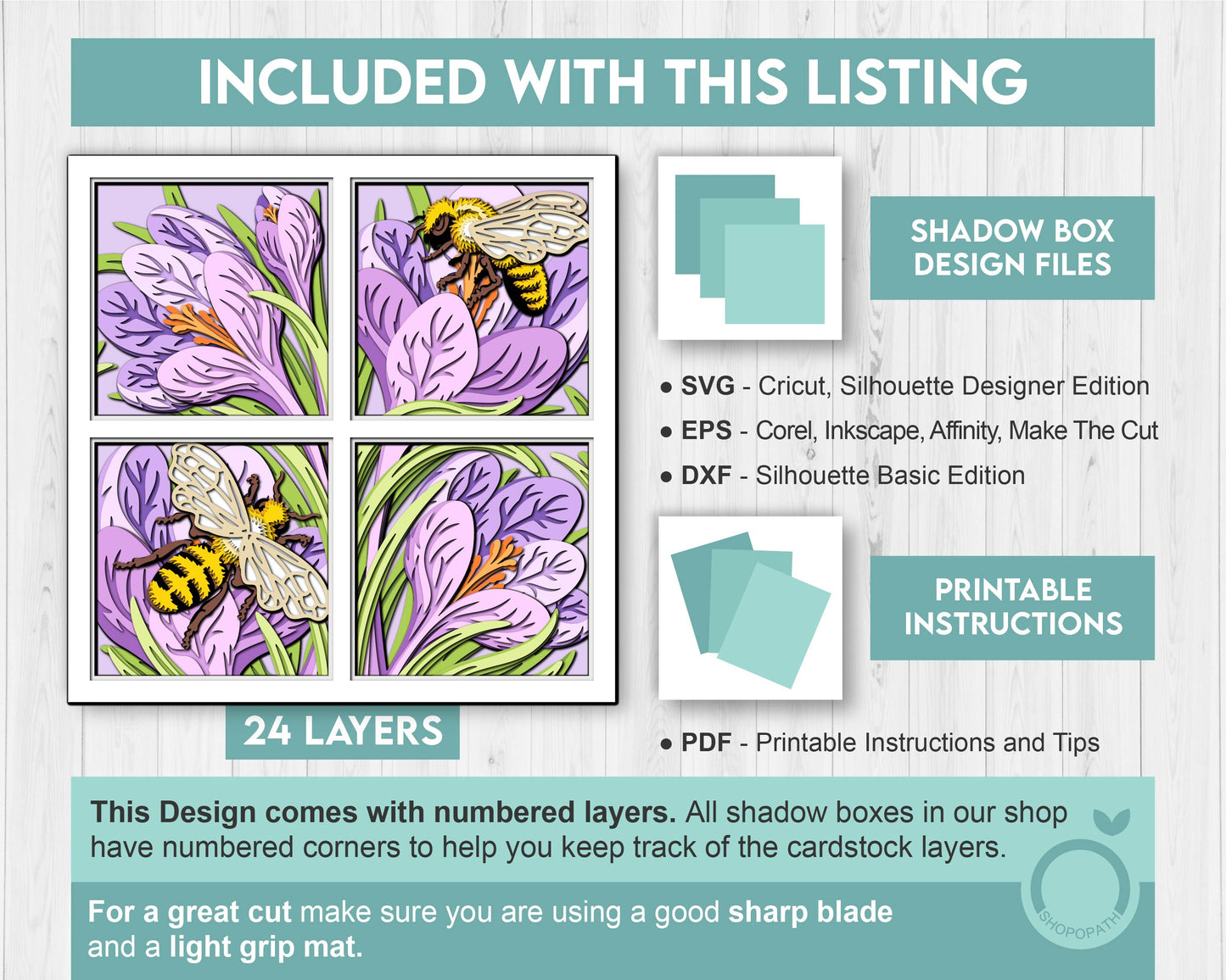 Crocus Flowers with Bees - 3D Shadow Box Layered SVG DXF EPS (Cutting Files)