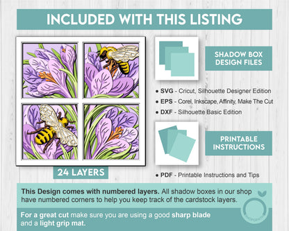 Crocus Flowers with Bees - 3D Shadow Box Layered SVG DXF EPS (Cutting Files)