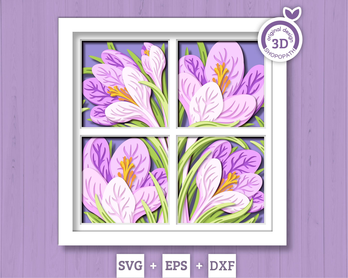 Crocus Flowers with Bees - 3D Shadow Box Layered SVG DXF EPS (Cutting Files)