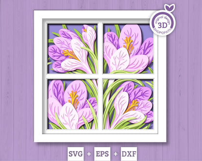 Crocus Flowers with Bees - 3D Shadow Box Layered SVG DXF EPS (Cutting Files)
