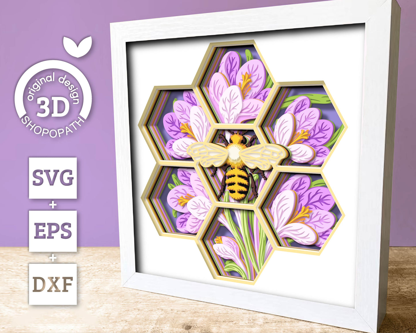 Bee with Crocus Flowers - 3D Shadow Box Layered SVG DXF EPS (Cutting Files)