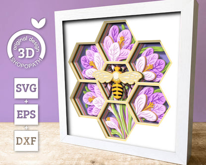 Bee with Crocus Flowers - 3D Shadow Box Layered SVG DXF EPS (Cutting Files)