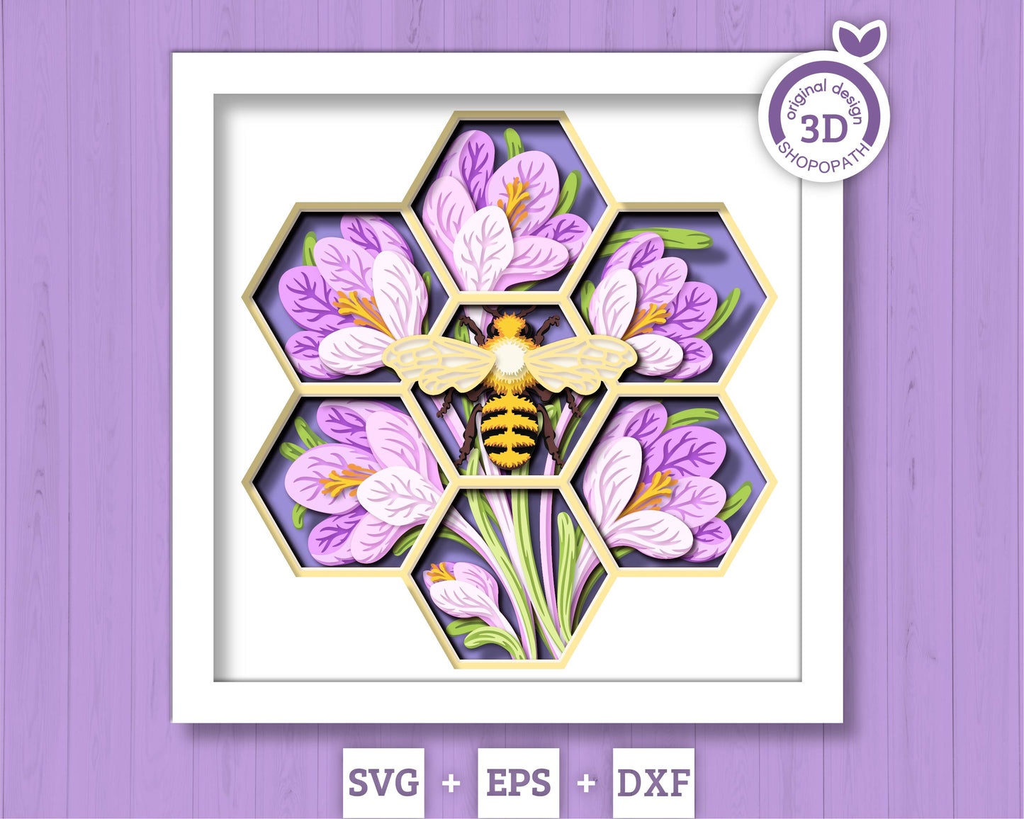 Bee with Crocus Flowers - 3D Shadow Box Layered SVG DXF EPS (Cutting Files)