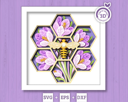 Bee with Crocus Flowers - 3D Shadow Box Layered SVG DXF EPS (Cutting Files)