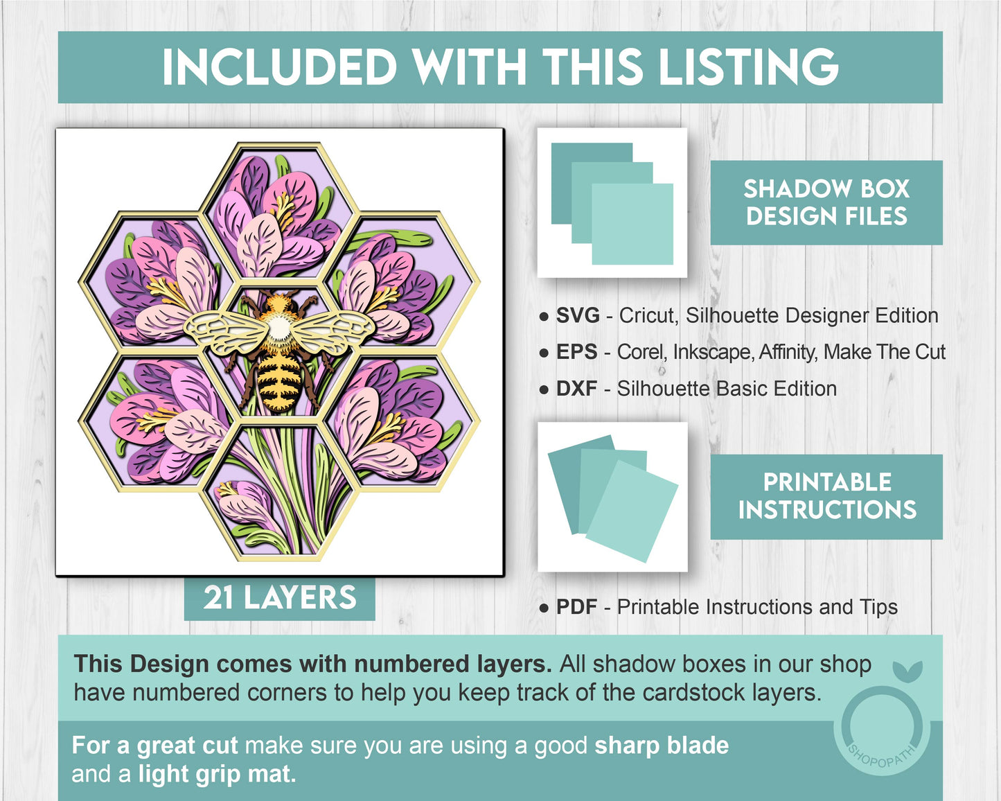 Bee with Crocus Flowers - 3D Shadow Box Layered SVG DXF EPS (Cutting Files)