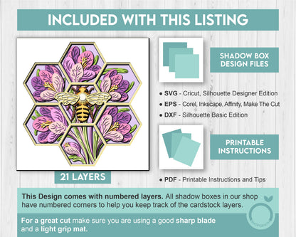 Bee with Crocus Flowers - 3D Shadow Box Layered SVG DXF EPS (Cutting Files)