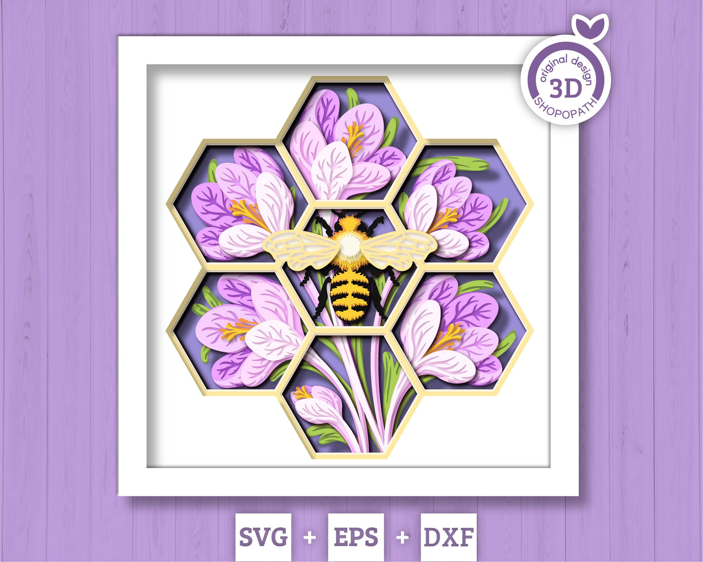 Bee with Crocus Flowers - 3D Shadow Box Layered SVG DXF EPS (Cutting Files)
