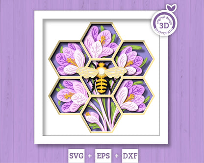 Bee with Crocus Flowers - 3D Shadow Box Layered SVG DXF EPS (Cutting Files)