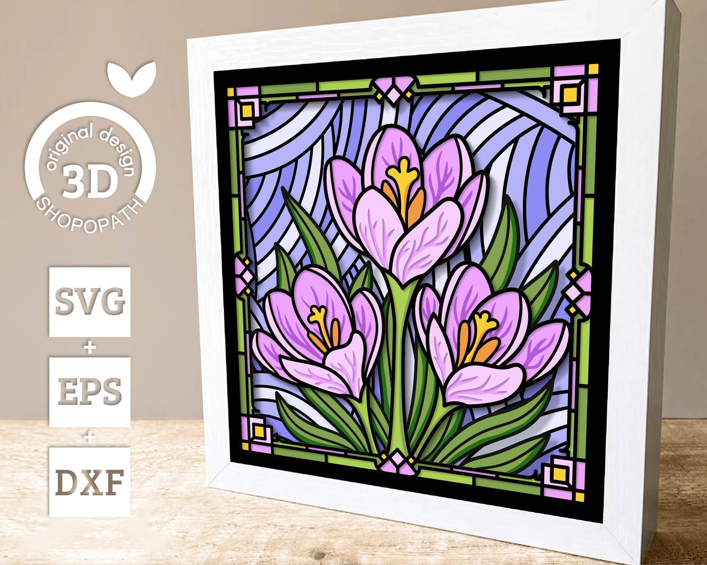 Crocus Flower Stained Glass - 3D Shadow Box Layered SVG DXF EPS (Cutting Files)