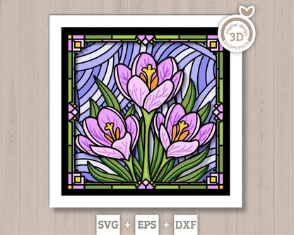 Crocus Flower Stained Glass - 3D Shadow Box Layered SVG DXF EPS (Cutting Files)