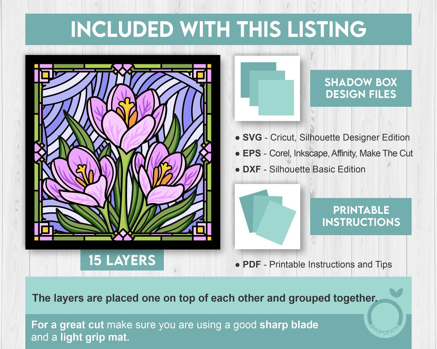 Crocus Flower Stained Glass - 3D Shadow Box Layered SVG DXF EPS (Cutting Files)