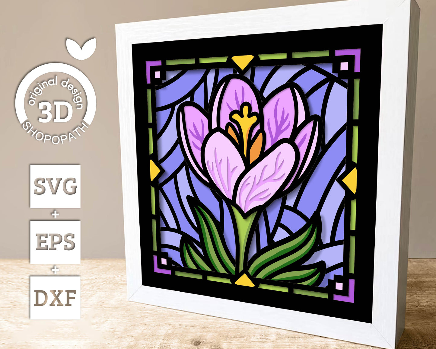 Crocus Flower Stained Glass Mini - 3D Shadow Box Layered SVG DXF EPS (Cutting Files)