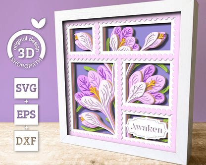 Crocus Flowers Stamps with Label - 3D Shadow Box Layered SVG DXF EPS (Cutting Files)