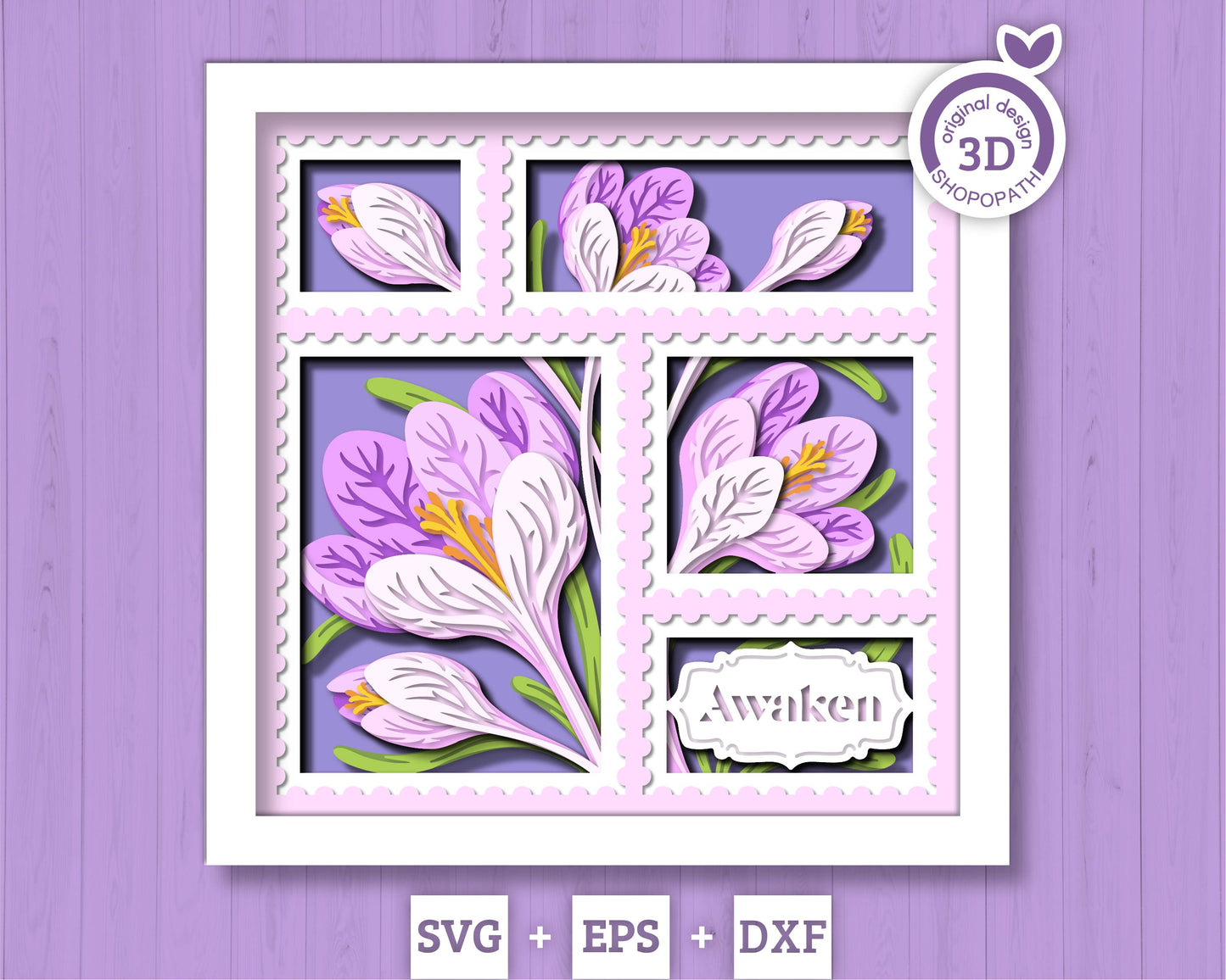Crocus Flowers Stamps with Label - 3D Shadow Box Layered SVG DXF EPS (Cutting Files)