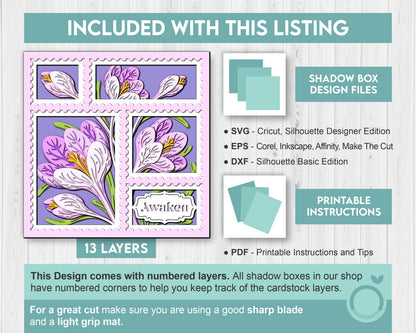Crocus Flowers Stamps with Label - 3D Shadow Box Layered SVG DXF EPS (Cutting Files)