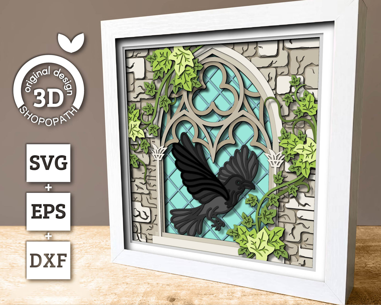 3D SVG Crow With Gothic Window Sill Shadow Box, Ivy 3D SVG, Stained Glass 3D Svg, Crow 3D Svg, Gothic Window 3D SVG, Cricut Silhouette
