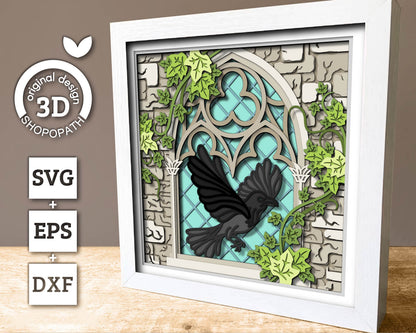 3D SVG Crow With Gothic Window Sill Shadow Box, Ivy 3D SVG, Stained Glass 3D Svg, Crow 3D Svg, Gothic Window 3D SVG, Cricut Silhouette