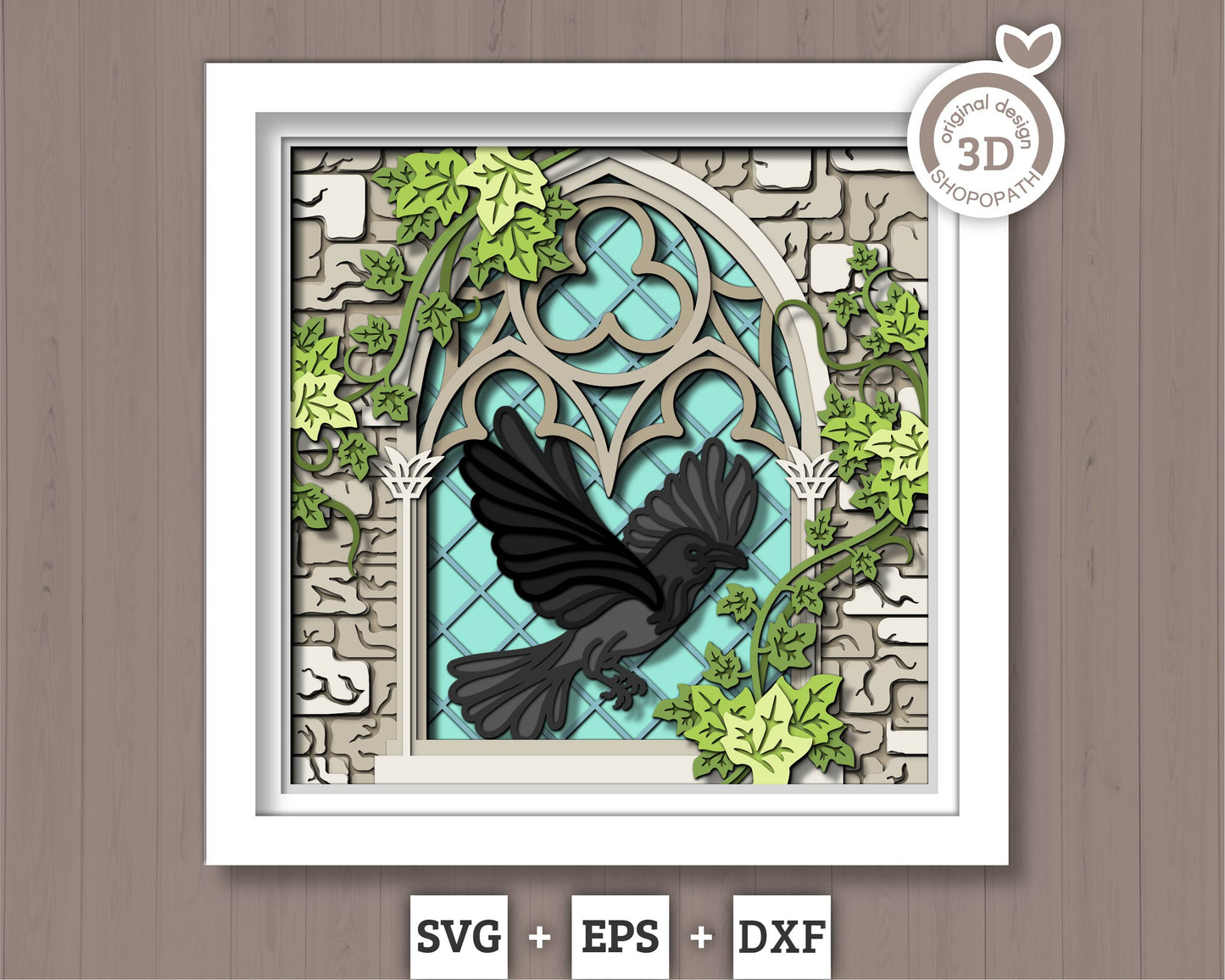 3D SVG Crow With Gothic Window Sill Shadow Box, Ivy 3D SVG, Stained Glass 3D Svg, Crow 3D Svg, Gothic Window 3D SVG, Cricut Silhouette