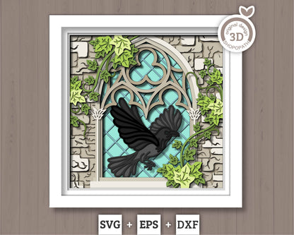3D SVG Crow With Gothic Window Sill Shadow Box, Ivy 3D SVG, Stained Glass 3D Svg, Crow 3D Svg, Gothic Window 3D SVG, Cricut Silhouette