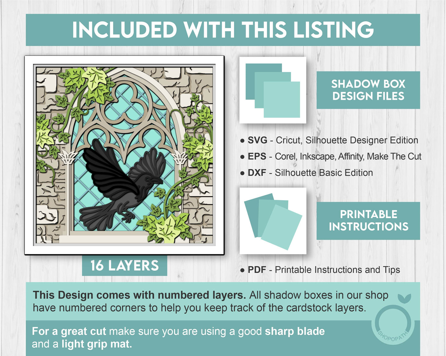 3D SVG Crow With Gothic Window Sill Shadow Box, Ivy 3D SVG, Stained Glass 3D Svg, Crow 3D Svg, Gothic Window 3D SVG, Cricut Silhouette