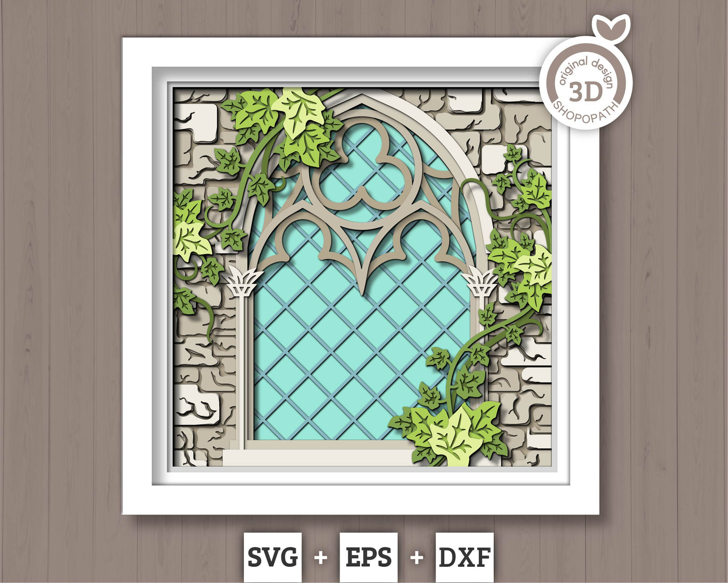 3D SVG Crow With Gothic Window Sill Shadow Box, Ivy 3D SVG, Stained Glass 3D Svg, Crow 3D Svg, Gothic Window 3D SVG, Cricut Silhouette