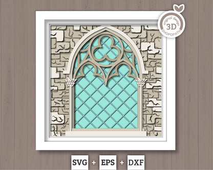 3D SVG Crow With Gothic Window Sill Shadow Box, Ivy 3D SVG, Stained Glass 3D Svg, Crow 3D Svg, Gothic Window 3D SVG, Cricut Silhouette