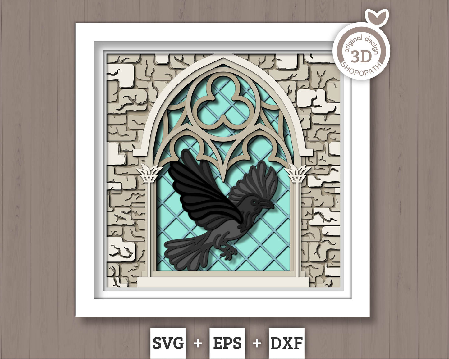 3D SVG Crow With Gothic Window Sill Shadow Box, Ivy 3D SVG, Stained Glass 3D Svg, Crow 3D Svg, Gothic Window 3D SVG, Cricut Silhouette