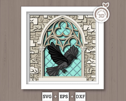 3D SVG Crow With Gothic Window Sill Shadow Box, Ivy 3D SVG, Stained Glass 3D Svg, Crow 3D Svg, Gothic Window 3D SVG, Cricut Silhouette