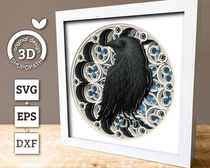 3D SVG Crow With Gothic Window Shadow Box, 3D Fall SVG, Gothic Window 3D Svg, Crow 3D Svg, Raven 3D SVG, Halloween 3D svg, Cricut Silhouette