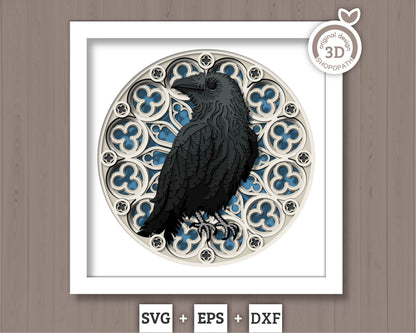 3D SVG Crow With Gothic Window Shadow Box, 3D Fall SVG, Gothic Window 3D Svg, Crow 3D Svg, Raven 3D SVG, Halloween 3D svg, Cricut Silhouette