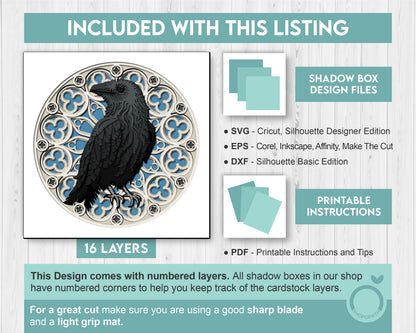 3D SVG Crow With Gothic Window Shadow Box, 3D Fall SVG, Gothic Window 3D Svg, Crow 3D Svg, Raven 3D SVG, Halloween 3D svg, Cricut Silhouette