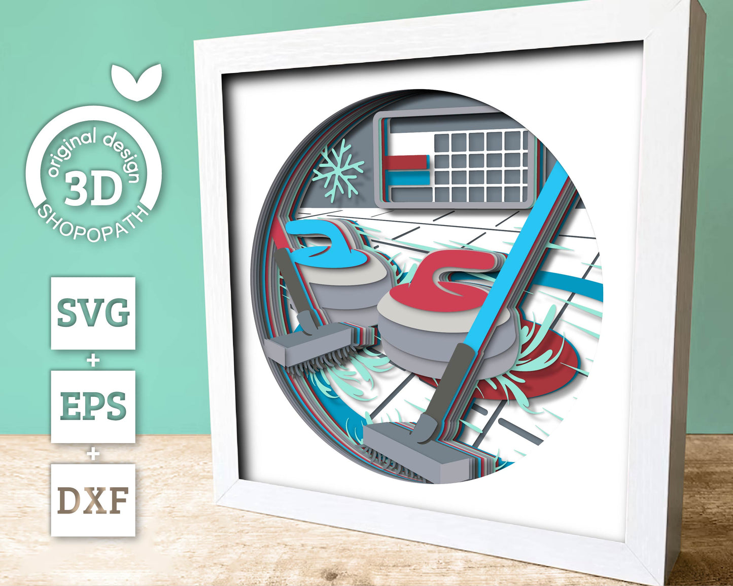 Curling Shadow Box 3D SVG with Curling Stones, Brooms and Ice Rink Scoreboard, Layered DXF EPS Cutting Files for Cricut, Silhouette, Brother