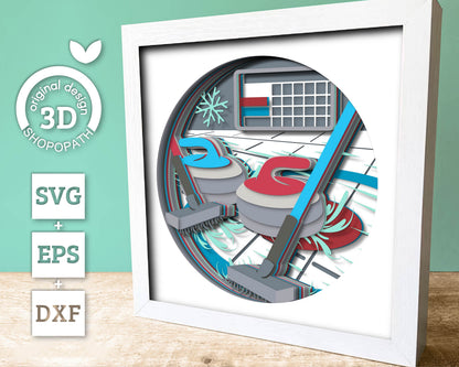 Curling Shadow Box 3D SVG with Curling Stones, Brooms and Ice Rink Scoreboard, Layered DXF EPS Cutting Files for Cricut, Silhouette, Brother