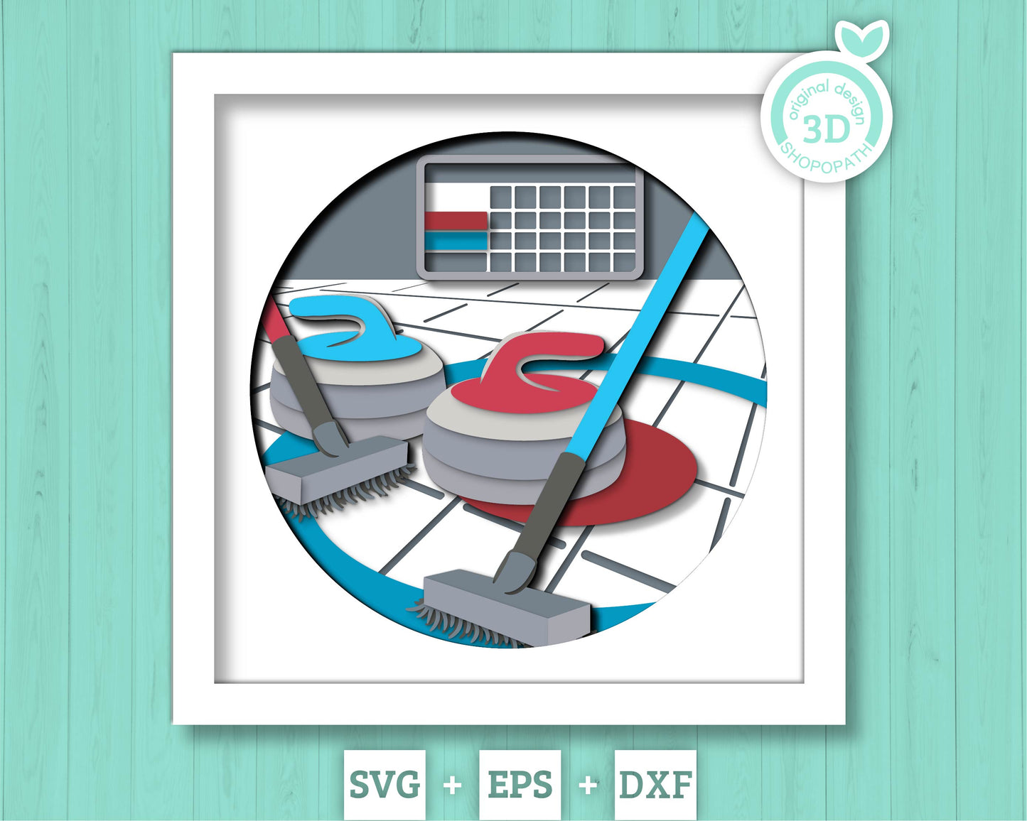 Curling Shadow Box 3D SVG with Curling Stones, Brooms and Ice Rink Scoreboard, Layered DXF EPS Cutting Files for Cricut, Silhouette, Brother