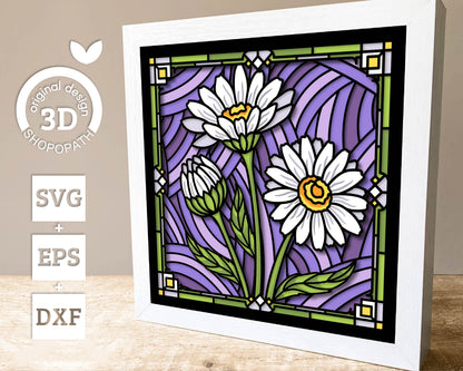 Daisies Stained Glass - 3D Shadow Box Layered SVG DXF EPS (Cutting Files)