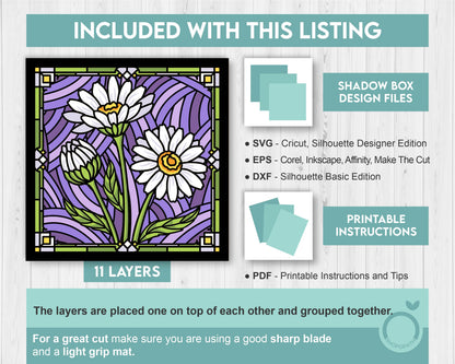 Daisies Stained Glass - 3D Shadow Box Layered SVG DXF EPS (Cutting Files)