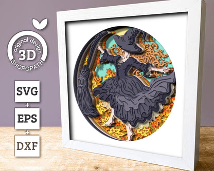 3D SVG Witch Dancing In Fall Leaves Shadow Box, Halloween 3D Svg, Witch 3D SVG, Layered Witch 3D svg, Fall Leaves 3D SVG, Cricut Silhouette