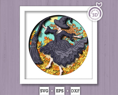 3D SVG Witch Dancing In Fall Leaves Shadow Box, Halloween 3D Svg, Witch 3D SVG, Layered Witch 3D svg, Fall Leaves 3D SVG, Cricut Silhouette