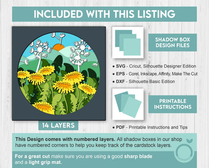 3D Layered Dandelions SVG EPS, Floral Shadow Box, Spring Time 3D Svg Layered Papercut svg, 3d Flowers, Layered Flower, Cricut Silhouette