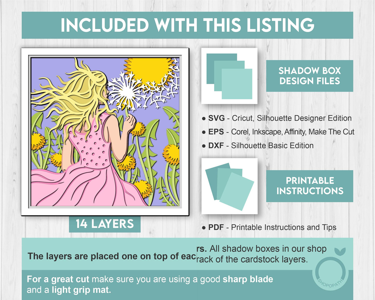 Woman in Dandelion Field - 3D Shadow Box Layered SVG DXF EPS (Cutting Files)