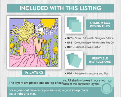 Woman in Dandelion Field - 3D Shadow Box Layered SVG DXF EPS (Cutting Files)