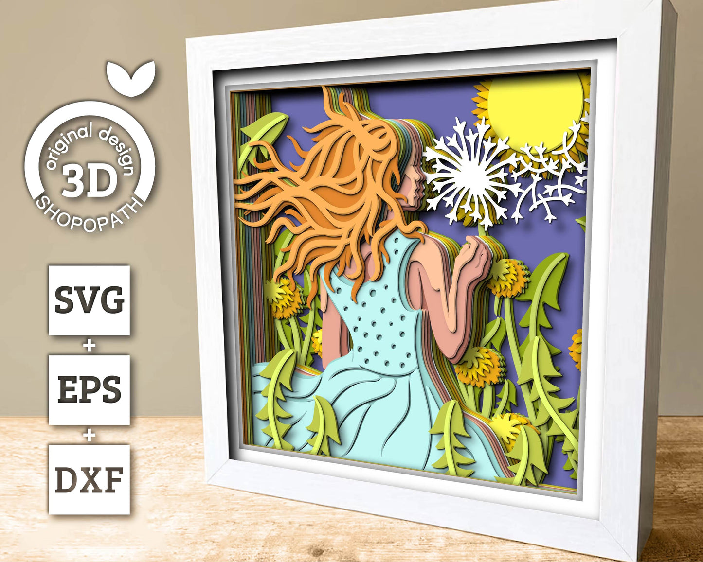 Woman in Dandelion Field - 3D Shadow Box Layered SVG DXF EPS (Cutting Files)