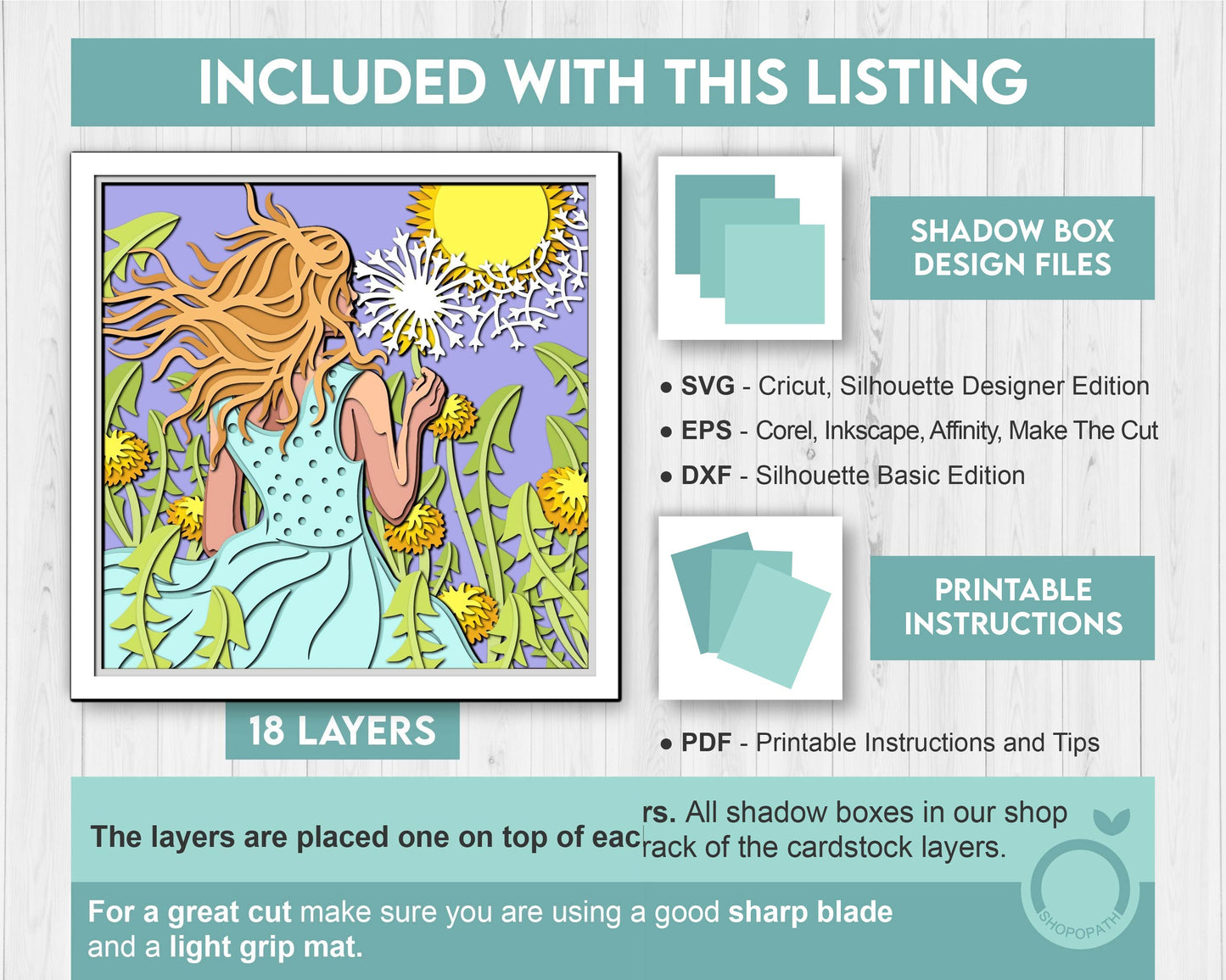 Woman in Dandelion Field - 3D Shadow Box Layered SVG DXF EPS (Cutting Files)