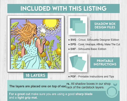 Woman in Dandelion Field - 3D Shadow Box Layered SVG DXF EPS (Cutting Files)