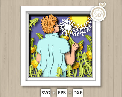 Man in Dandelion Field - 3D Shadow Box Layered SVG DXF EPS (Cutting Files)
