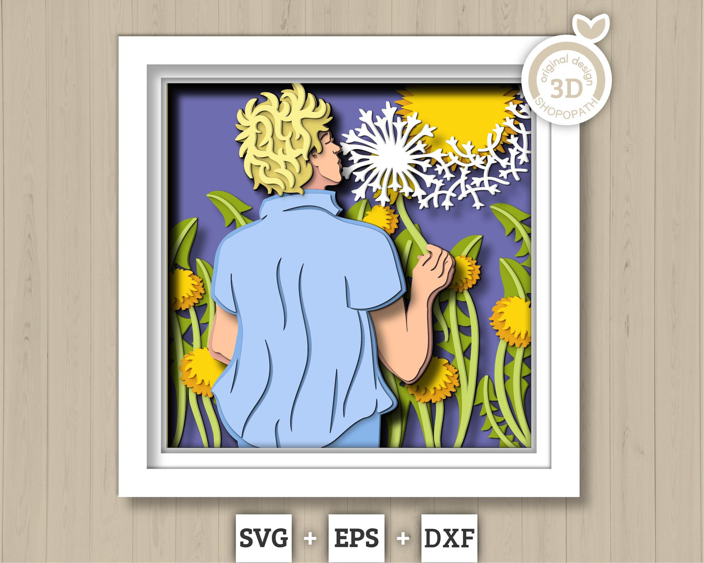 Man in Dandelion Field - 3D Shadow Box Layered SVG DXF EPS (Cutting Files)